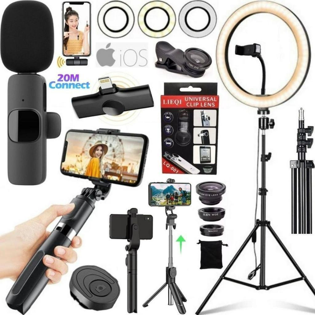 Kit Ring Light Luz Led Tripé Lente Bastão Controle Microfone Sem Fio Filmagem No Iphone
