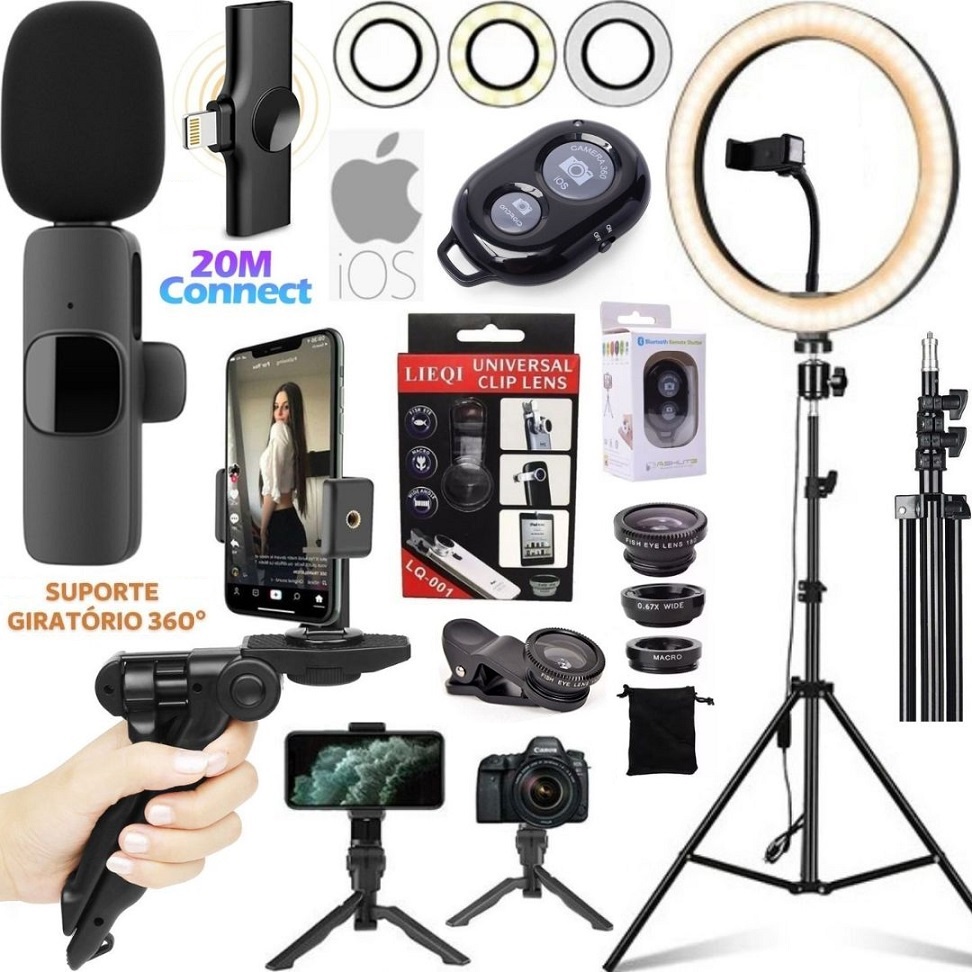 Kit Filmagem Ring Light Luz Led Tripé 2m Microfone Sem Fio Iphone Gravação Profissional