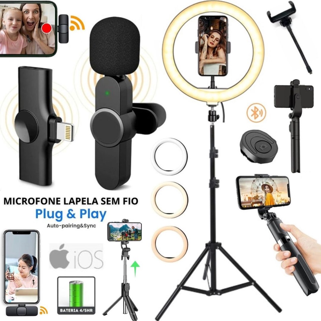 Kit Gravação Ring Light Luz Led Com Tripé Microfone Sem Fio Para iPhone Filmagem Vídeo