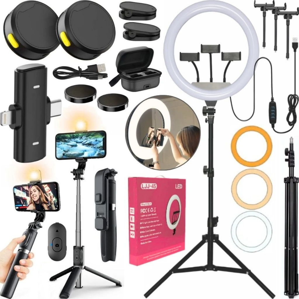 Kit Ring Light LED 36cm Tripé Microfone Sem Fio Duplo Bastão Filmagem Celular Iphone Influencer