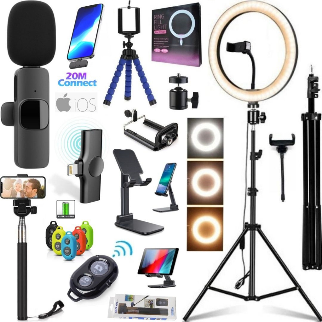 Kit Luz Led Tripé Bastão Controle Microfone Sem Fio Para iPhone Gravação Vídeos