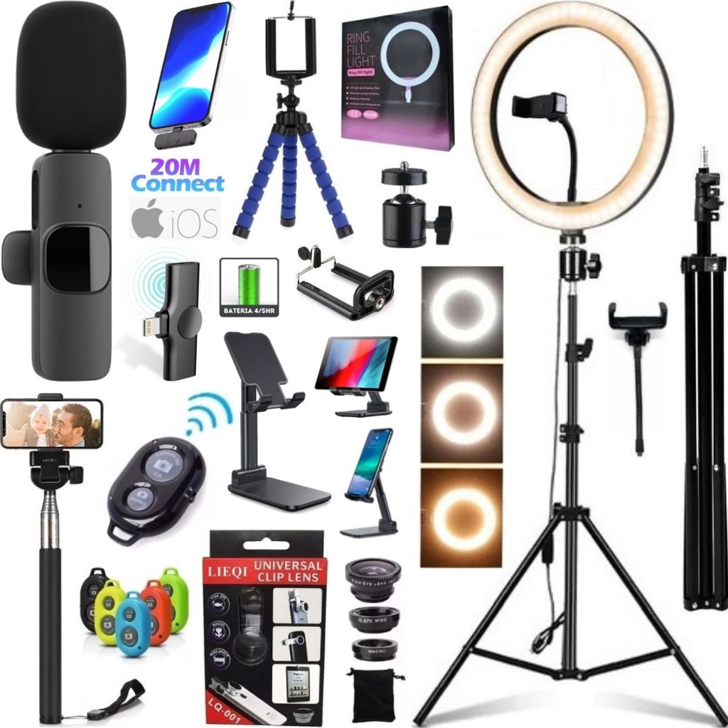 Kit Ring Light Luz Led Tripé Microfone Sem Fio Para iPhone Filmagem No Celular 10pçs