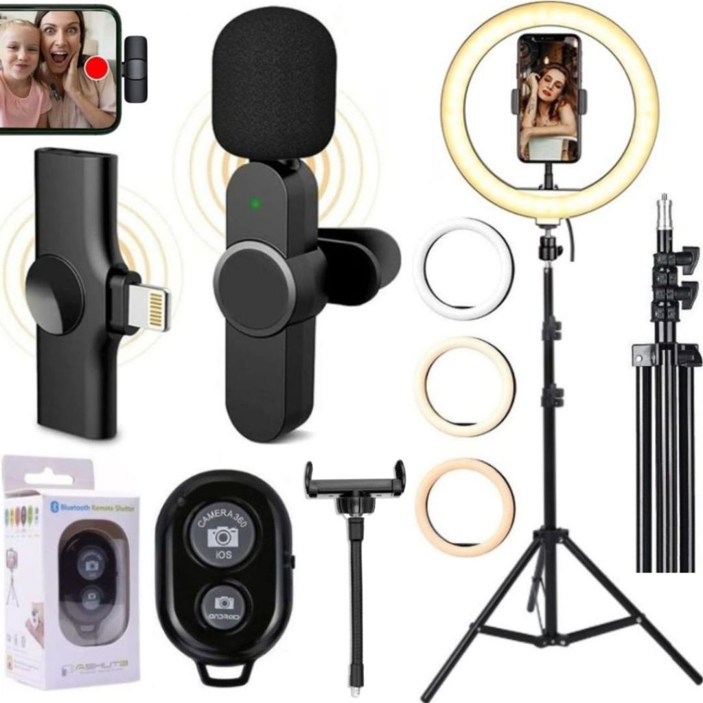 Kit Microfone Sem Fio Para iPhone Ring Light Luz Tripé Gravação Vídeo Profissional