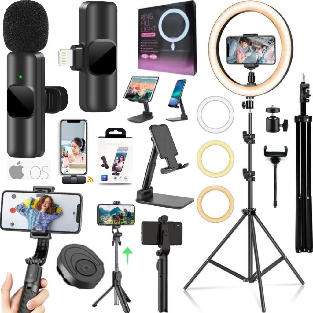 Kit Filmagem Ring Light Luz Tripé Bastão Microfone Sem Fio Para iPhone
