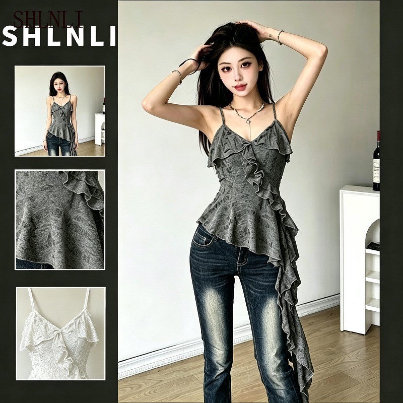 Colete Irregular Estilo Wasteland Feminino Primavera Verão Americano Babados Slim Fit Regata