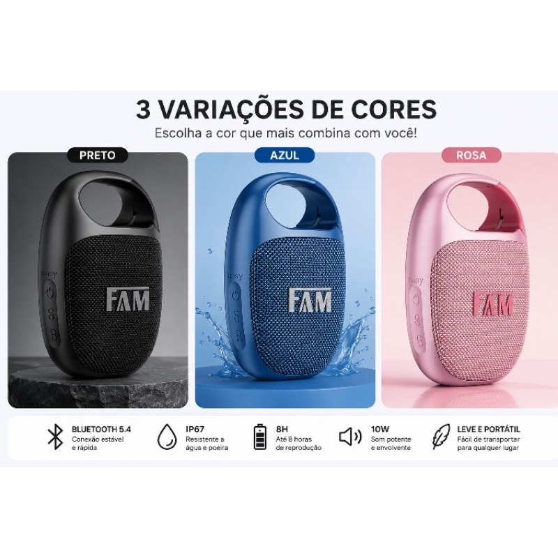 Caixa de Som Bluetooth FAM Easy Clip A15 10W Portátil IP67 Resistente à Água Recarregável
