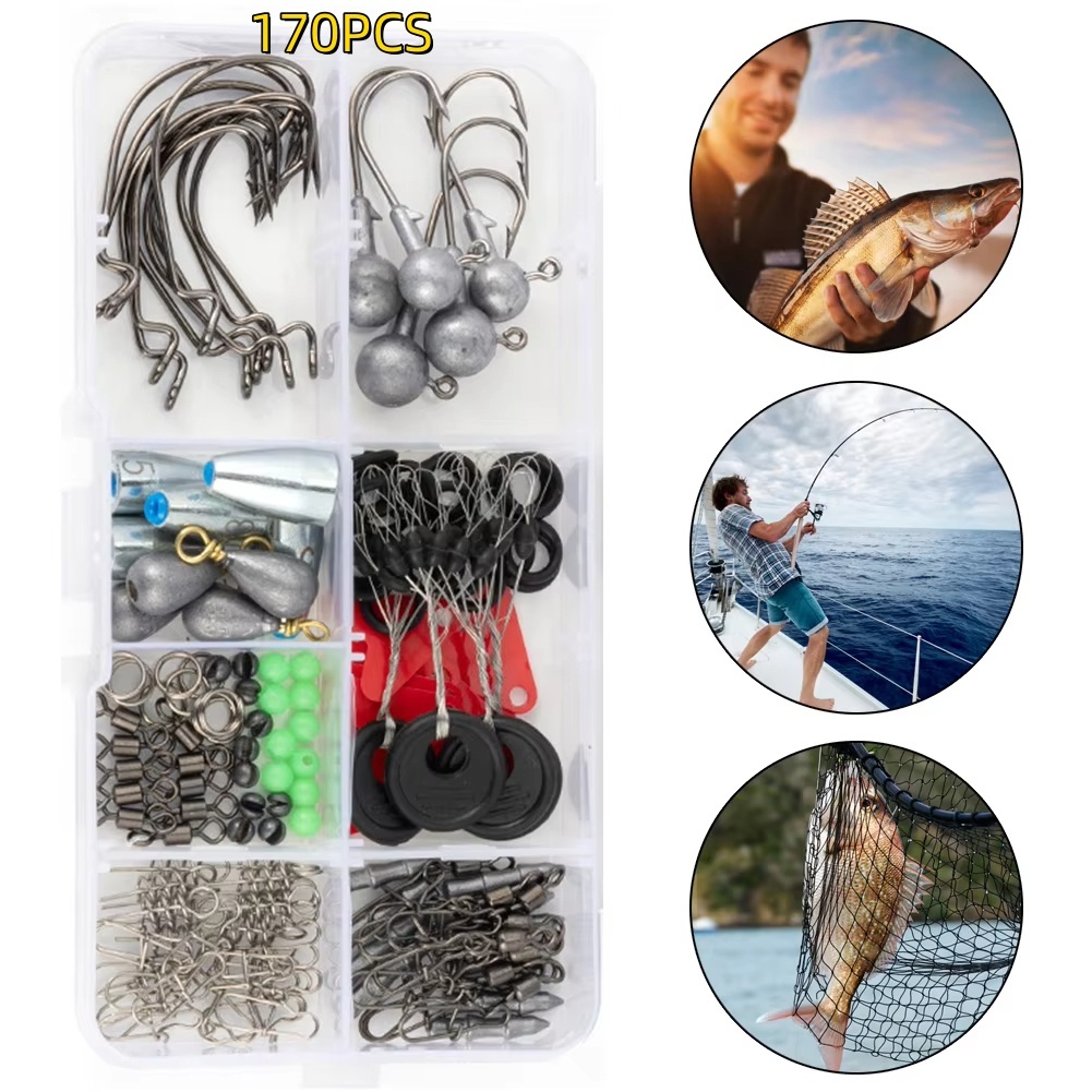170pcs Fishing Accessories Kit with Fishing Box Hooks Swivels Sinkers Outdoor Fishing Accessories Set Gifts for Men