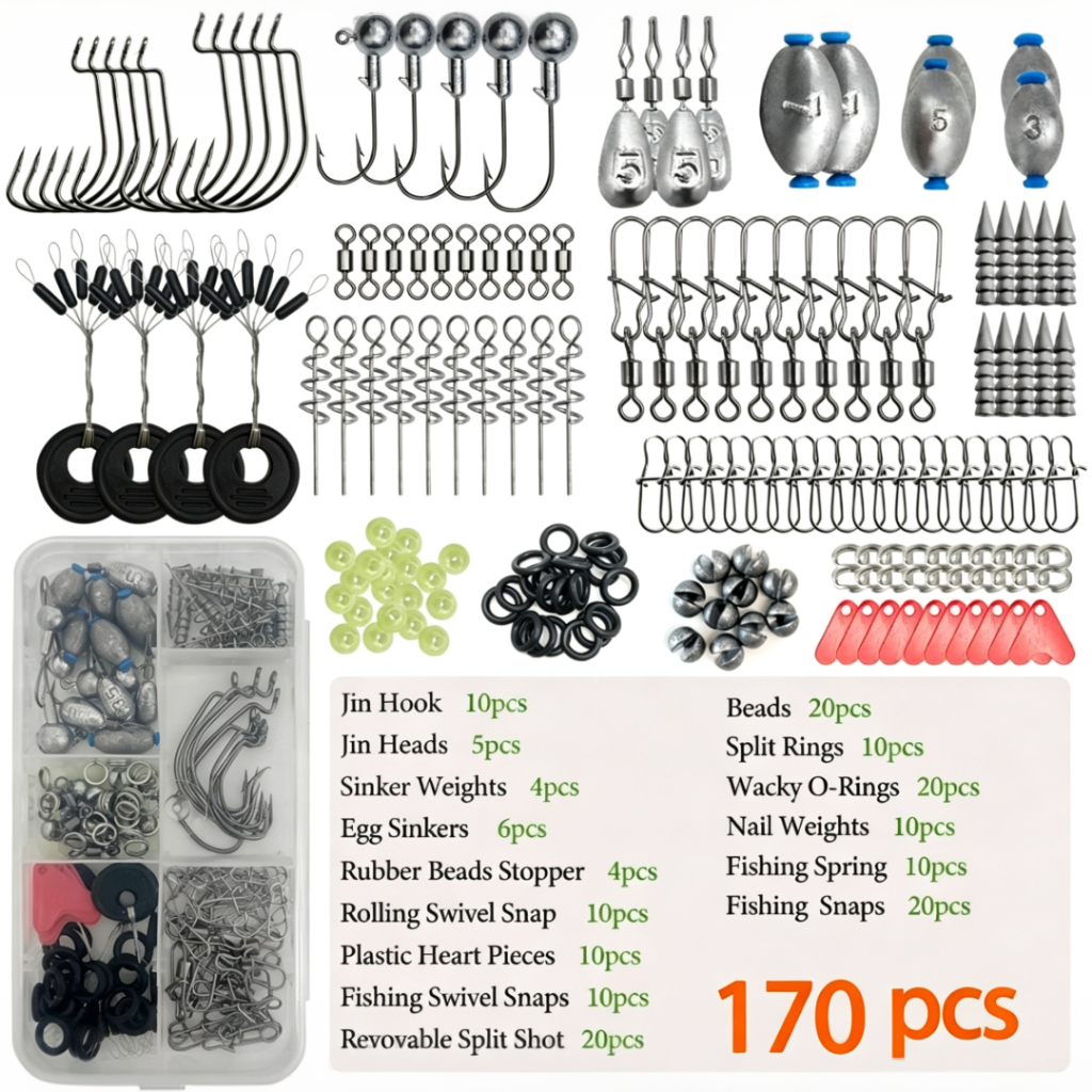 170pcs Fishing Accessories Kit with Fishing Box Hooks Swivels Sinkers Outdoor Fishing Accessories Set Gifts for Men