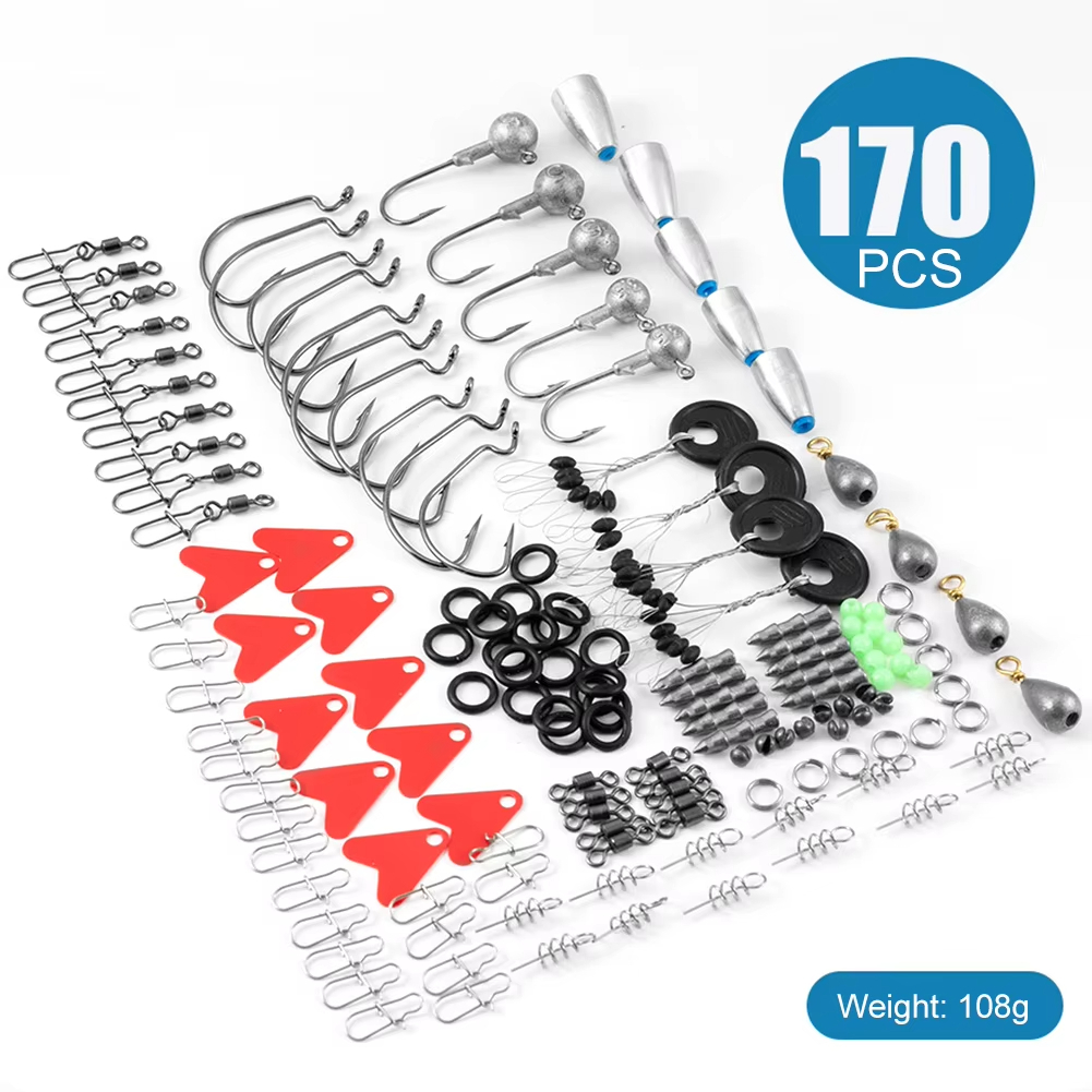 170pcs Fishing Accessories Kit with Fishing Box Hooks Swivels Sinkers Outdoor Fishing Accessories Set Gifts for Men