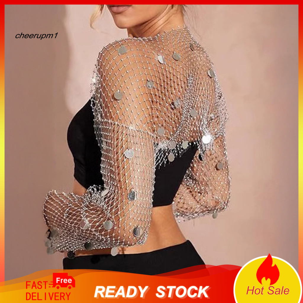 Fishnet Shrug Diamond Pattern Women’s Sequin Rhinestone Mesh Bolero Long Sleeve Sparkly Crop Top Open Front Glitter Co