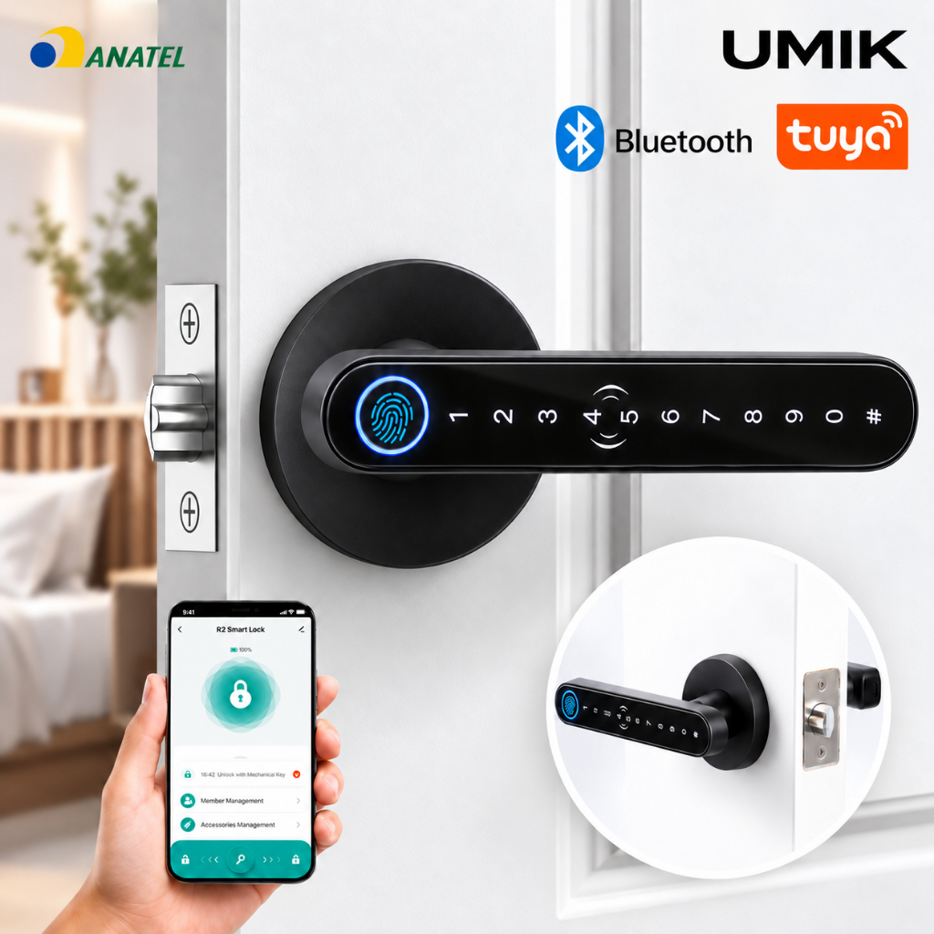 Fechadura Digital com Biometria Senha Chave App Tuya Bluetooth para Porta de Madeira Alta Segurança