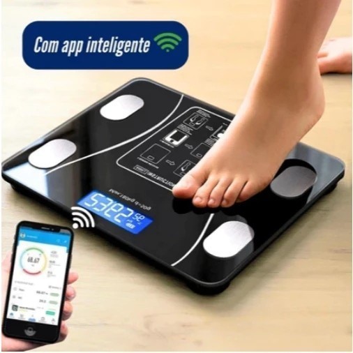 Balança Bioimpedância Digital 140kg Bluetooth App Peso Medidas Corporais 4 Sensores Preta