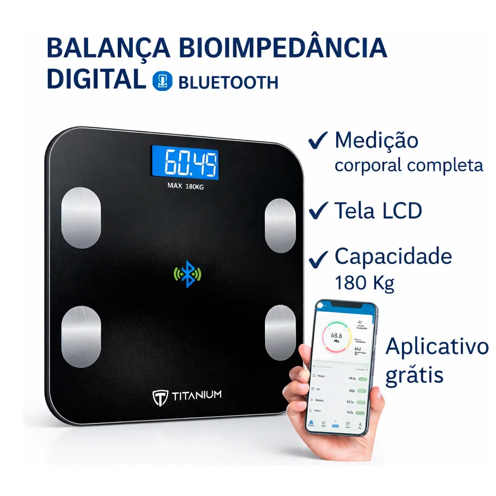 Balança Digital Medidora Corporal Bioimpedância até 180kg Bluetooth App Fitness Academia