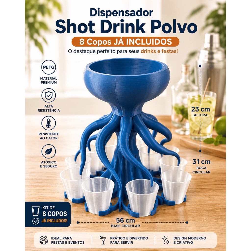 Porta Shots Polvo 8 Copos | Dispenser de Bebidas em Impressão 3D