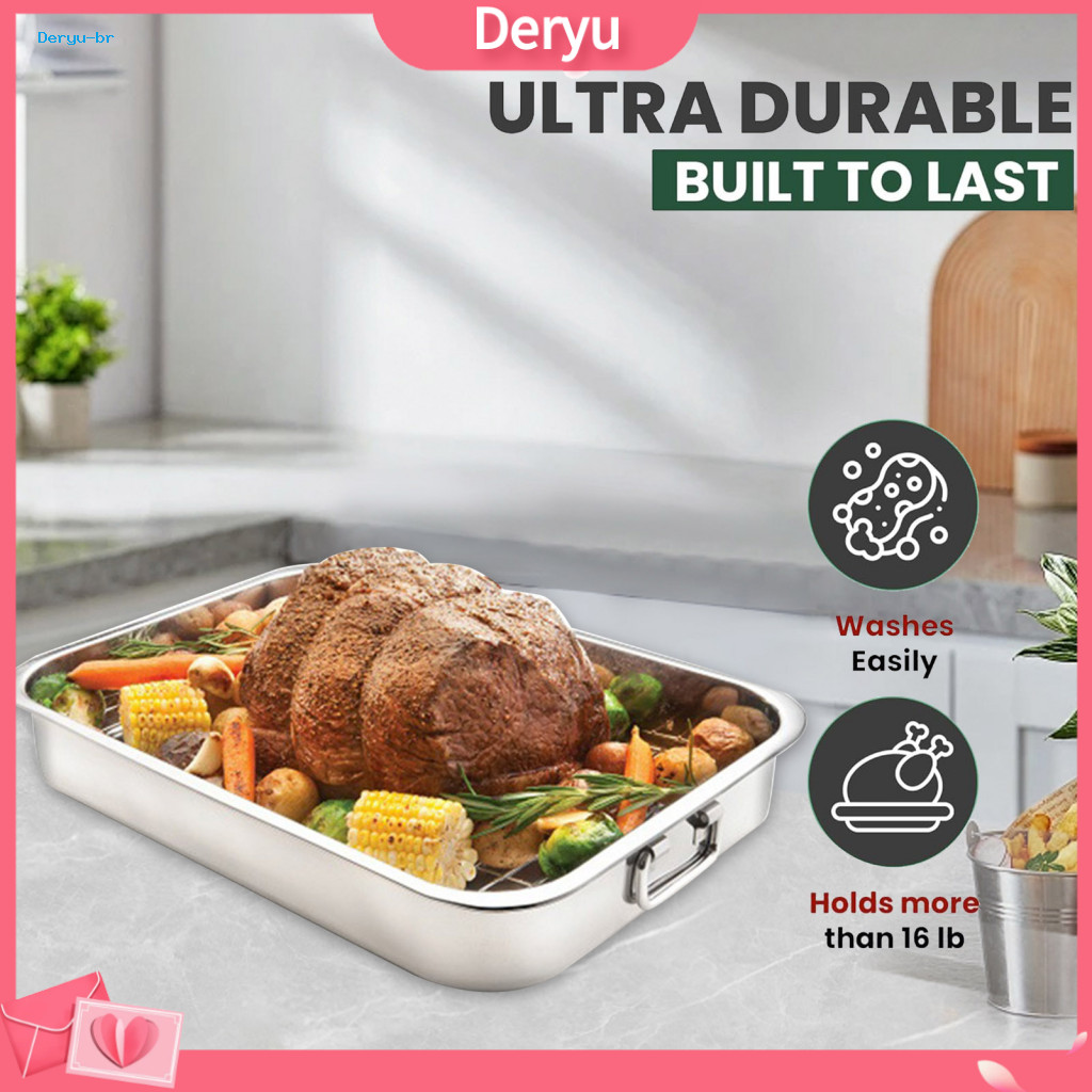 Drippings Collection Baking Tray Rivet Handle Pan Heavy Duty Stainless Steel with Flat Rack – Oven Roasting for Turkey