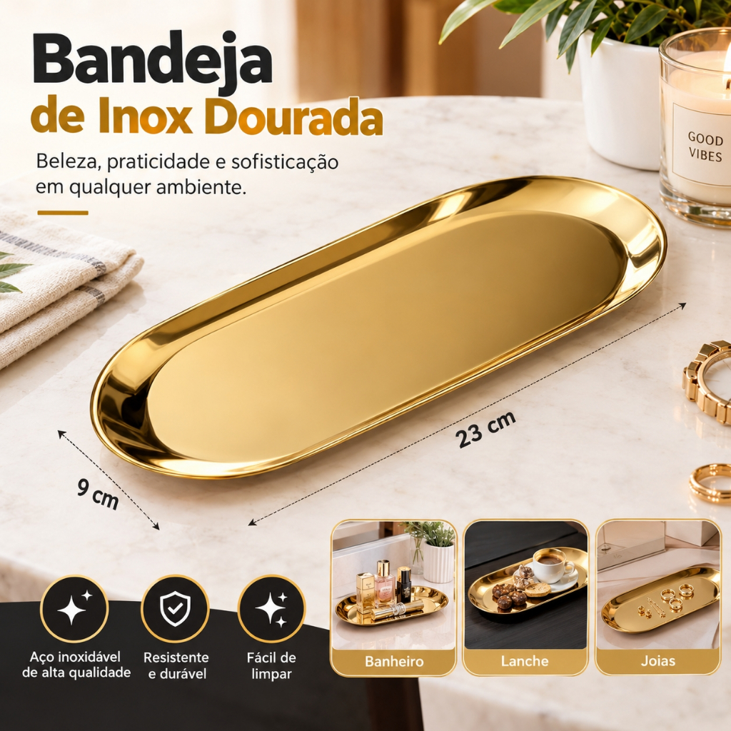 Golden Stainless Steel Luxurious Mirrored Decorative Snack Organizer Tray