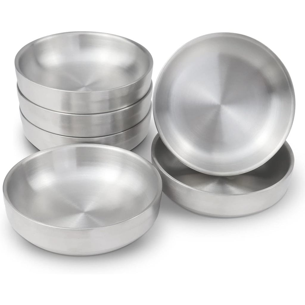 6PCS Double Deck Stainless Steel Sauce Dish Small, 3.5 In Round Mini Condiment Tray, Sauce Plate, Sushi Dipping Bowls, A