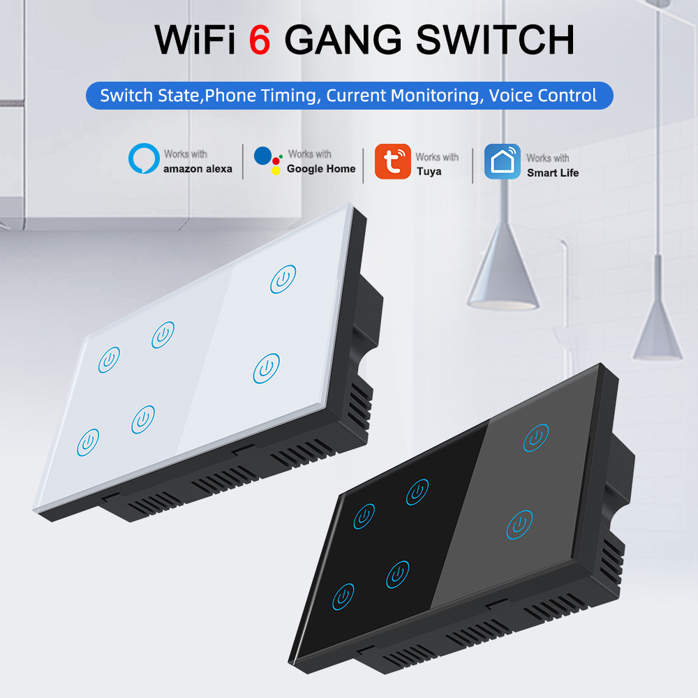 Tuya WiFi2.4G Bluetooth 6 Gangues Touch Light Wall Switch Sem Necessidade De gateway , Suporta ECHO , Google Home E Outr