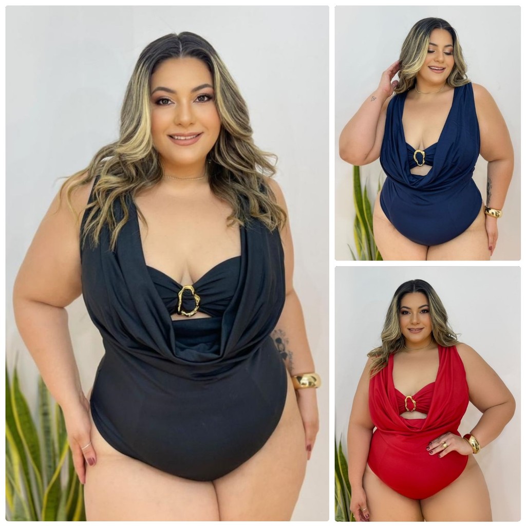 Body Maiô Plus Size Rente Única Drapeado com Decote Degage Cowl Cascata Veste 44 ao 50