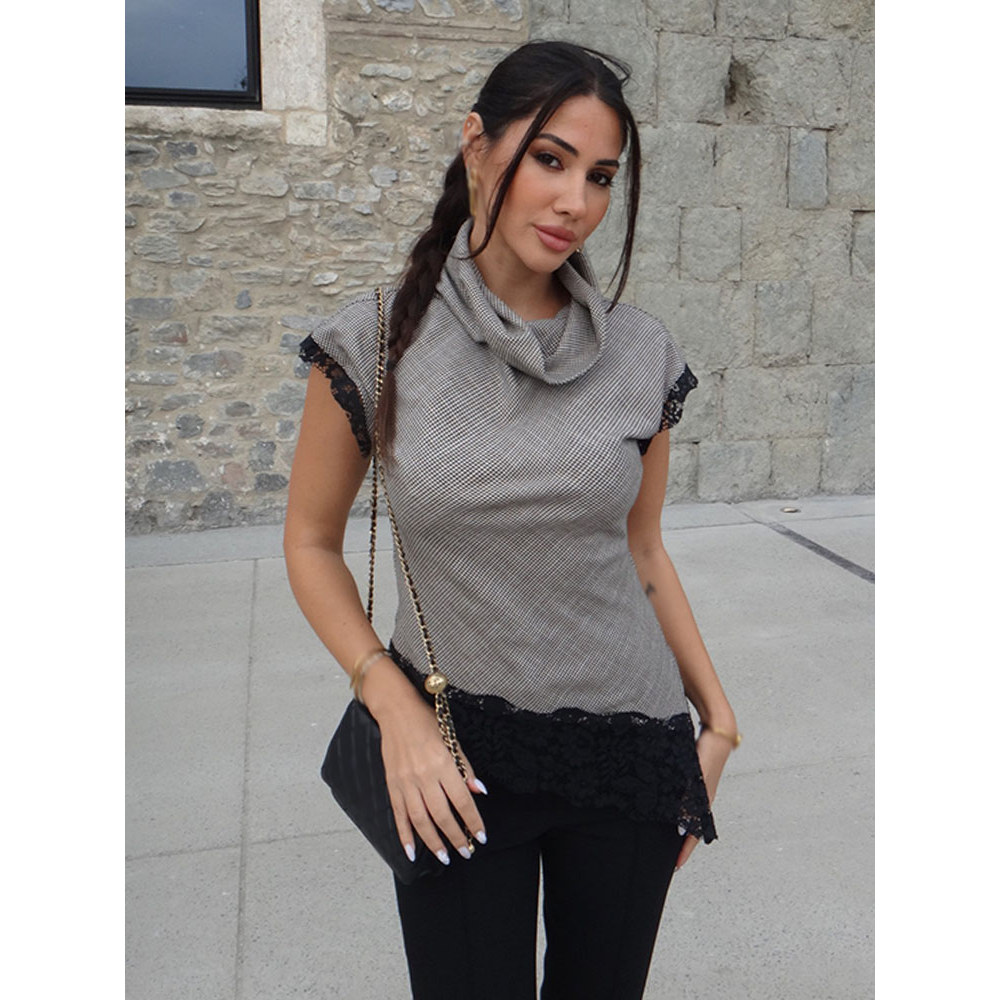 Mulheres Houndstooth Cowl Pescoço Superior Boné Manga Renda Guarnição Assimétrica Bainha Magro Ajuste Blusa Casual Elega