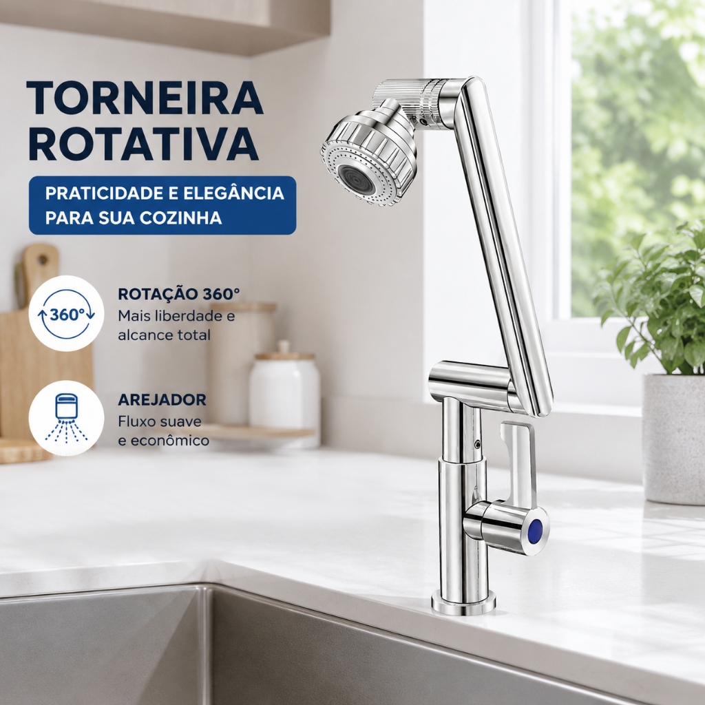 Torneira Giratória 360° Com Braço Robótico Instalação Dupla Para Bancada ou Parede