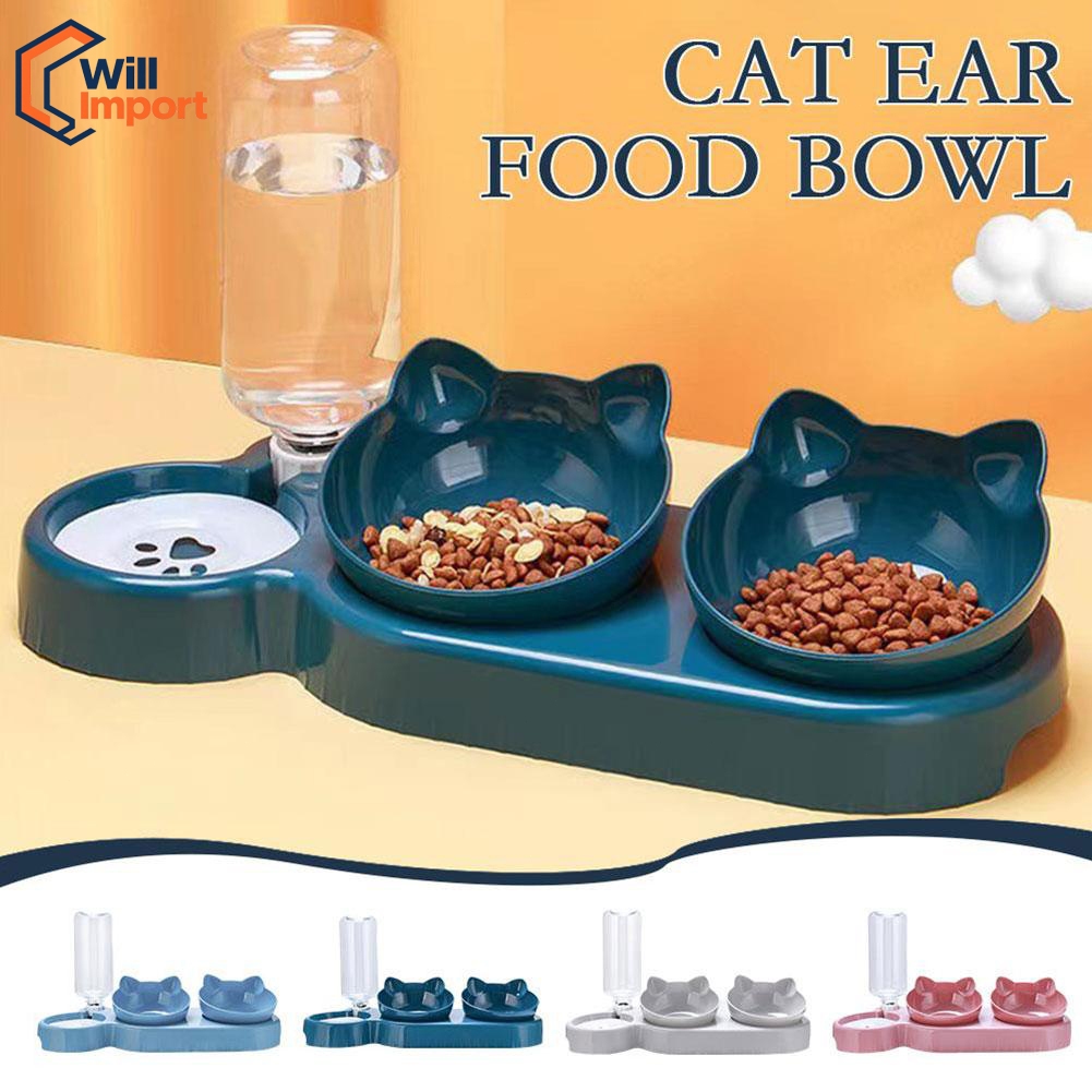 Tigelas de estimação com alimentador de água, 3 em 1 design de orelha Tilted Cat Water and Food Biging Set com garrafa d