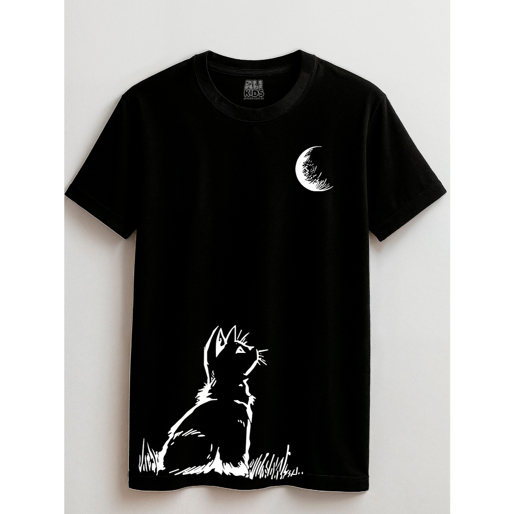Camiseta Gatinho Moon 100% Algodão Unissex 2 ao 16 anos Juvenil e Infantil
