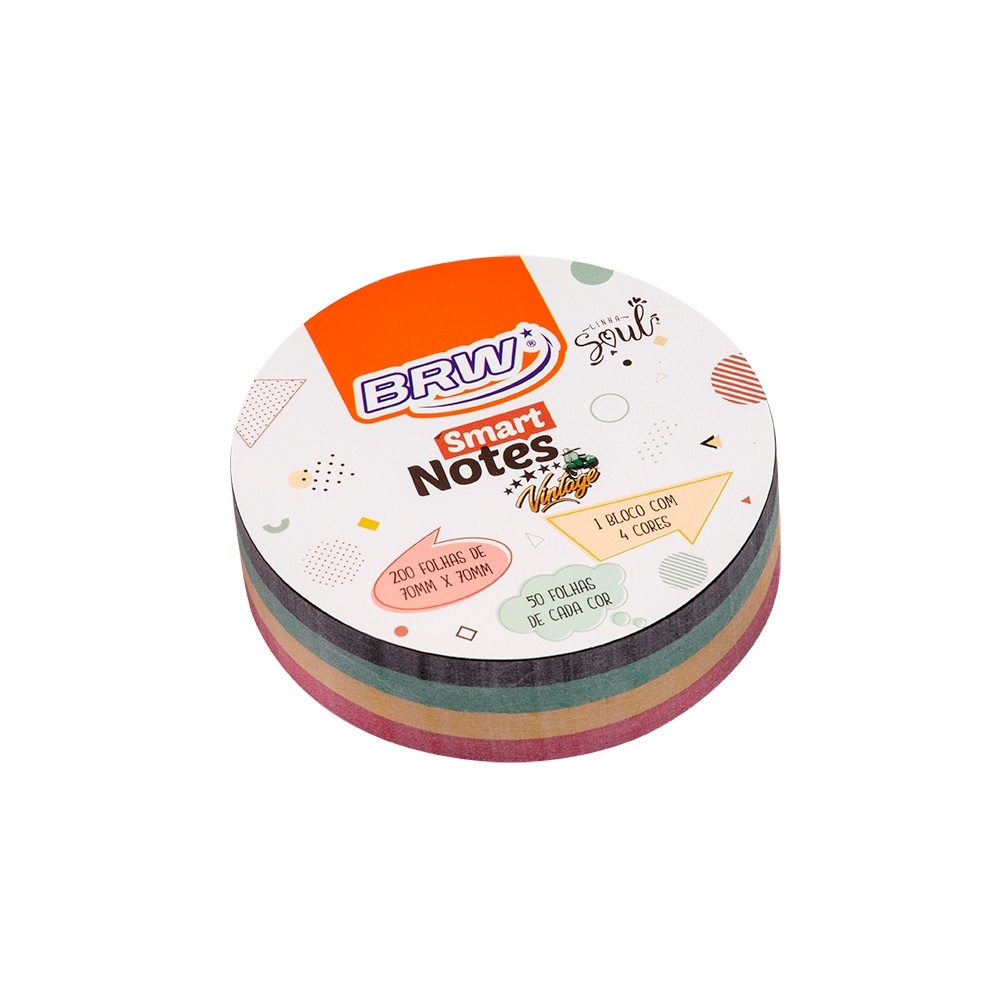 Bloco de Notas Adesivo Colorido Smart Notes Round 70x70 mm Vintage 200 Folhas 1 Bloco BRW Papelaria Material Escolar