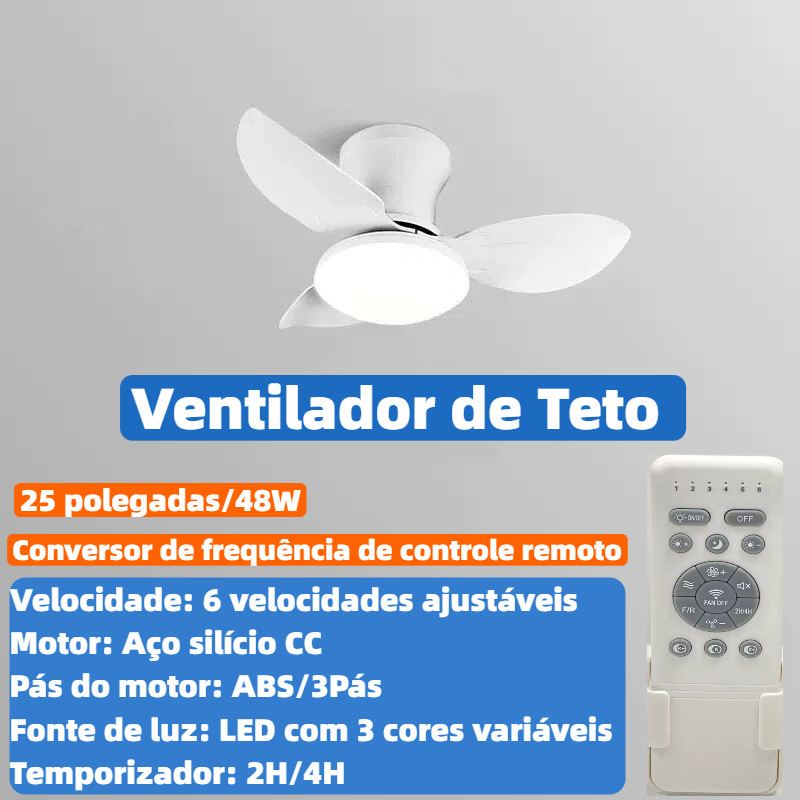 Ventilador de Teto com Luz LED e Controle Remoto, com 3 Pás ABS, Motor DC Silencioso e Reversível 3CCT+6 Velocidades