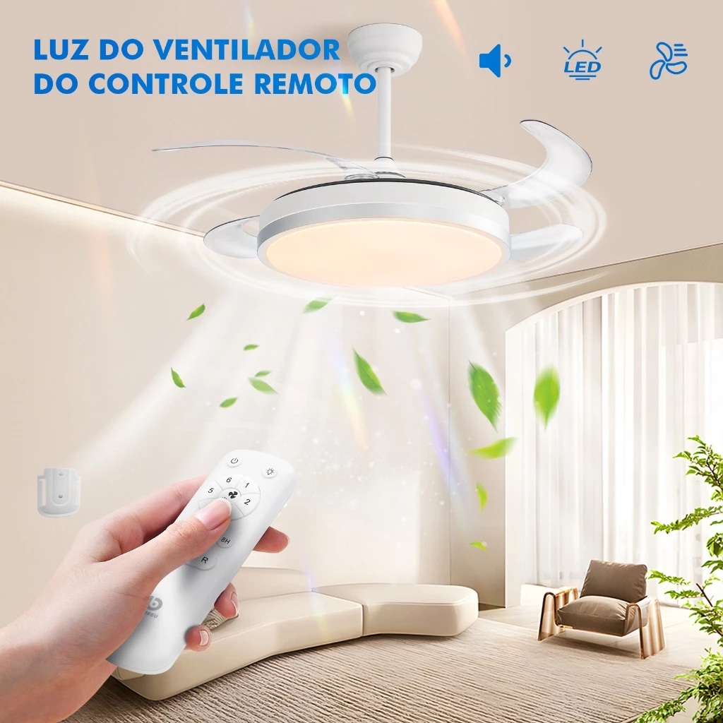 Ventilador de Teto Retrátil Moderno Silencioso LED 3CCT Controle Remoto Bivolt Lustre Com Temporizador 42 Pol 008