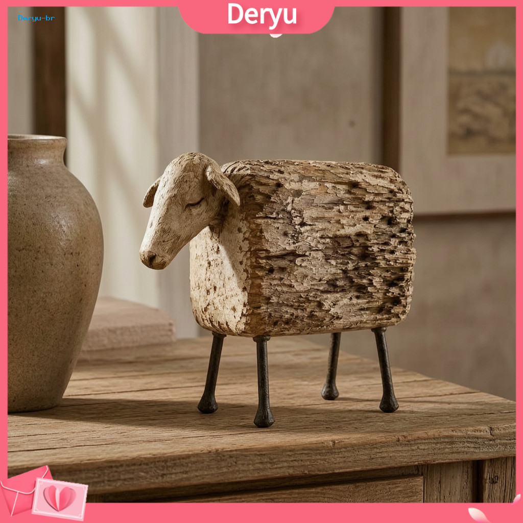 Sheep Ornaments Vintage Statues Rustic Resin Figurine Distressed Wood Grain Farmhouse Decor for Room Office Desk Shelf T