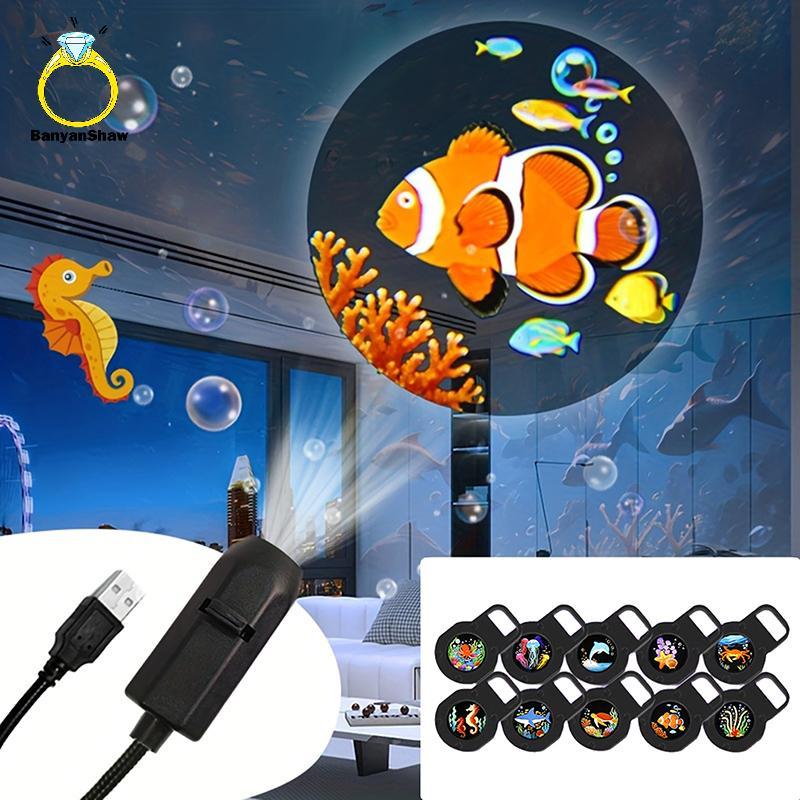 [BANY] LED USB Ocean Projector Light 16 Cores Mood Lamp Padrões De Vida Marinha Para Crianças Dormindo Quarto Noite Bom