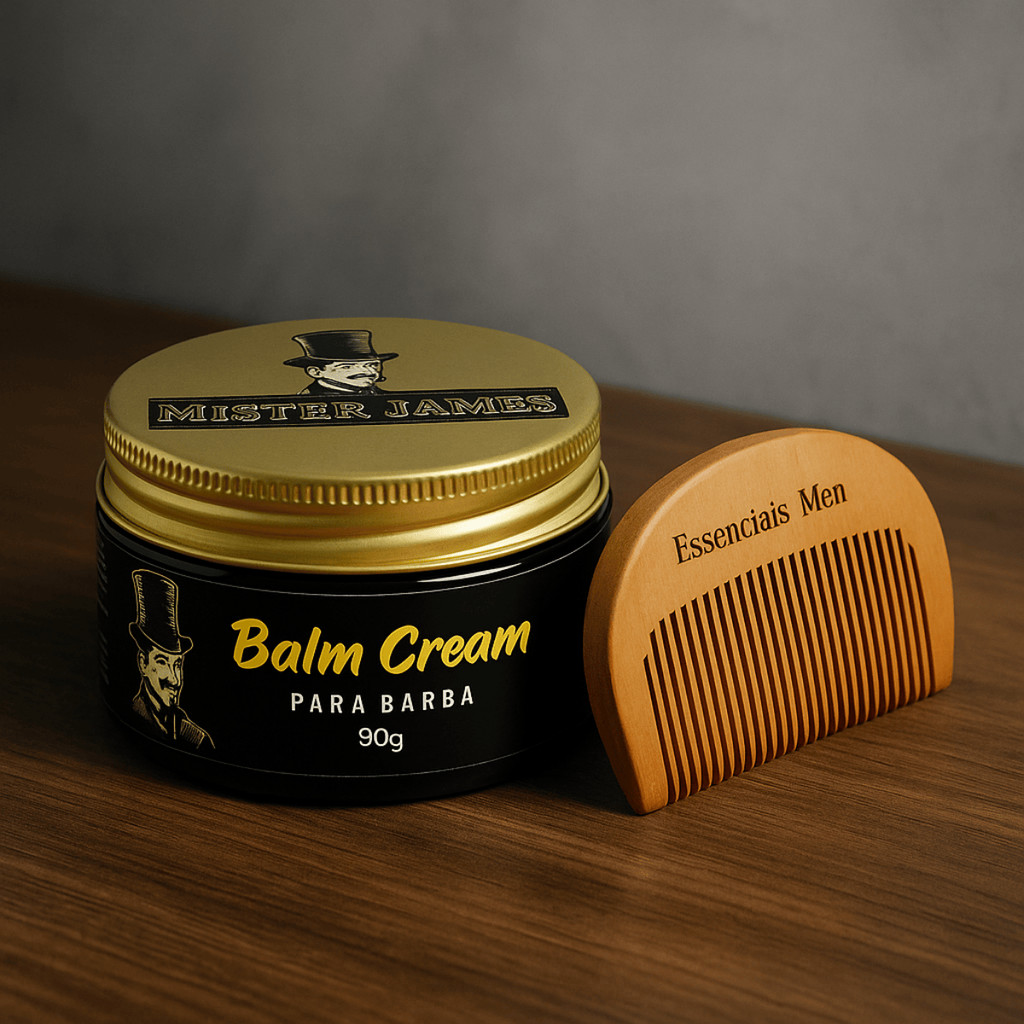 Kit Balm Cream Mister James 90g + Pente de Madeira Men – Hidrata, Modela e Fortalece a Barba