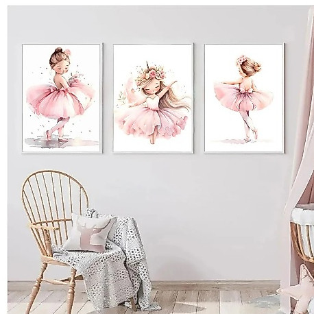 Quadros decorativos Pink Ballerina Girl Unicorn Butterfly Poster, Kids (3 peças)