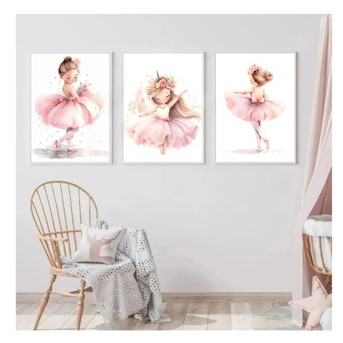 Quadros decorativos Pink Ballerina Girl Unicorn Butterfly Poster, Kids (3 peças)