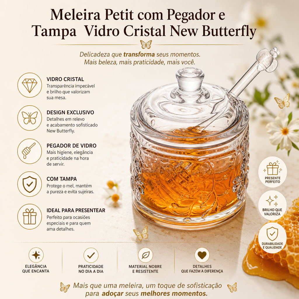 Meleira de Vidro Cristal New Butterfly com Tampa e Pegador – Porta Mel Elegante