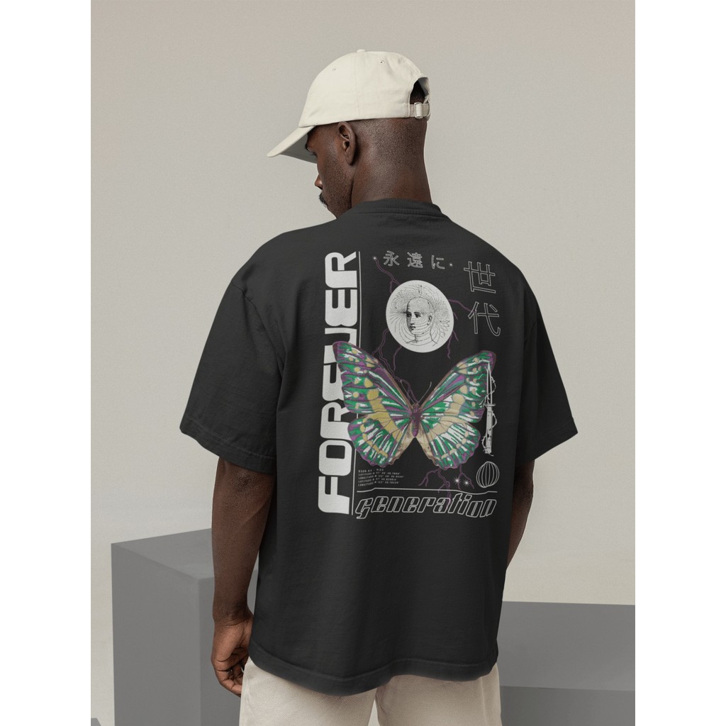 Camiseta Oversized Gola Alta Streetwear Masculino e Feminino 100% Algodão Preto e Off Whte Estampado - Butterfly