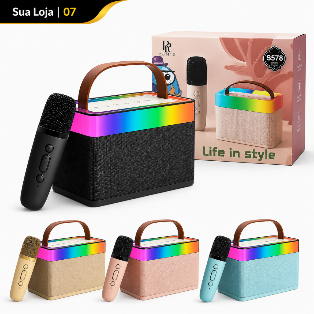Caixa de Som Mini Karaokê com Microfone Sem Fio RGB | Portátil e Divertida