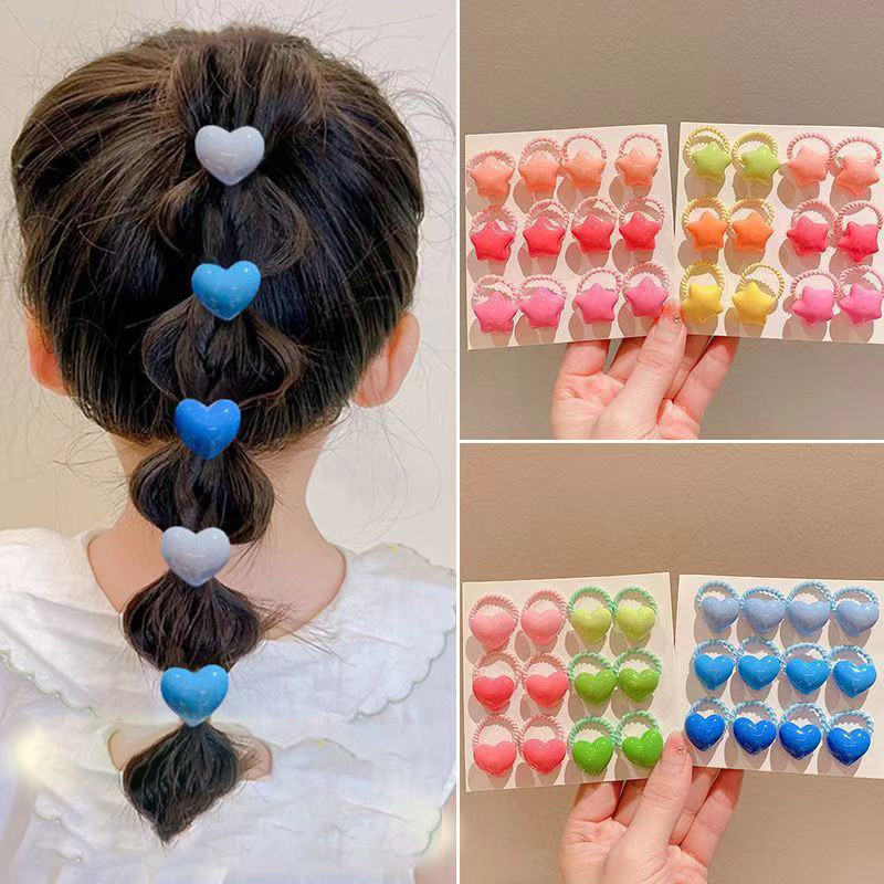 12PCS Lovely Candy Colored Heart-shaped Girls Bandas De Cabelo Elásticas Para Crianças Acessórios