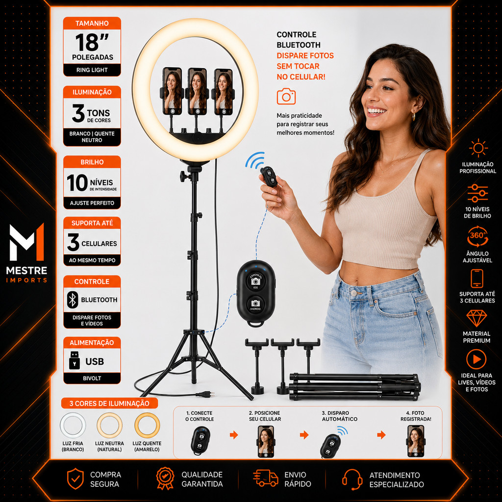 Ring Light Luz 46cm 18 Polegadas 45w Controle + Tripe Grande