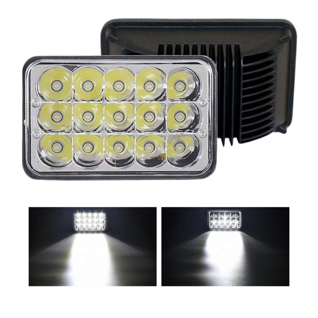 Farol Led Milha 45W 15 Leds Retangular H4 Spot 6000K Off Road 12V 24V Universal