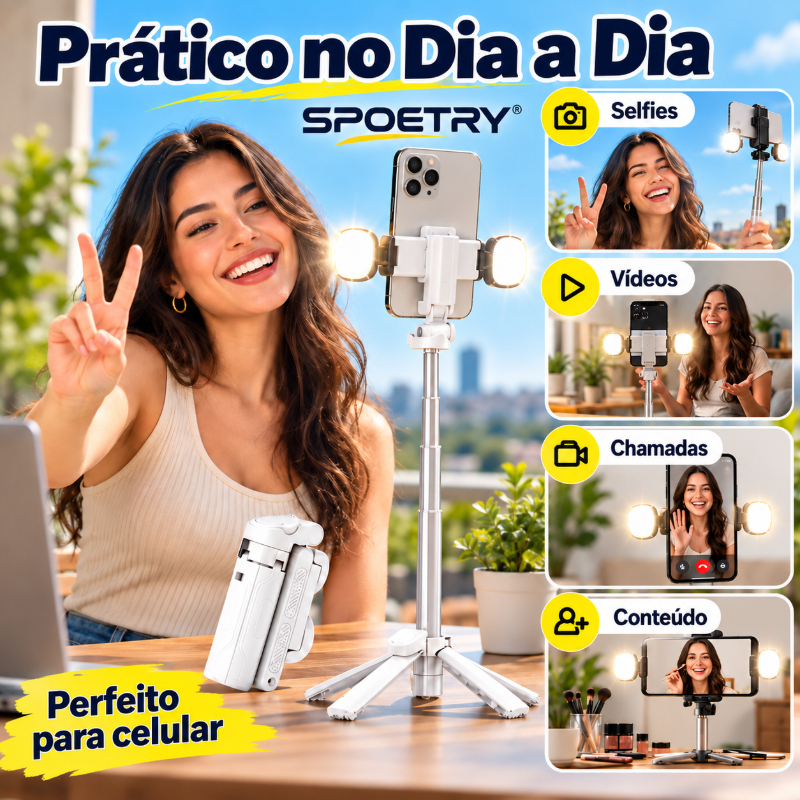 Bastão de Selfie Tripé Retrátil 40cm com Luz LED e Controle Bluetooth para Celular