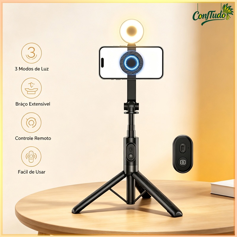 Palo Selfie Magnético com Tripé, Luz de Preenchimento LED de 3 Cores, Controle Bluetooth Retrátil,Compatível os celulare