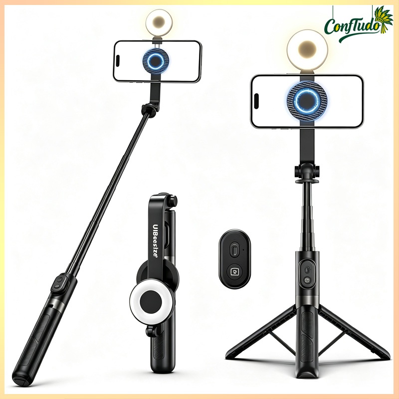 Pau de Selfie Tripé Retrátil Luz LED Controle Bluetooth para Vlog, Lives, Viagens e Fotos em Grupo
