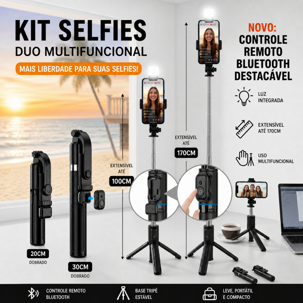 [Copa do Mundo]Pau de Selfie Tripé com Luz LED Recarregável Bluetooth Extensível e Portátil para Celular