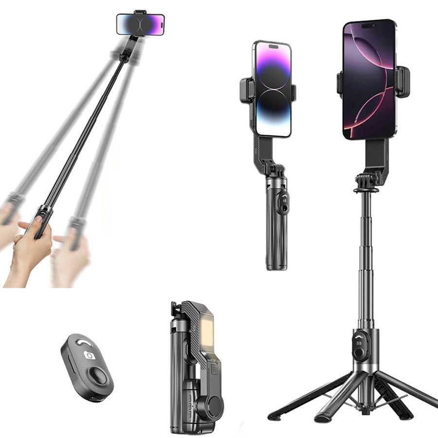 Bastão Tripé Selfie 1m com Base 4 Pernas Estabilizador Anti-tremor - Luz Led 3 Modos, Controle Bluetooth