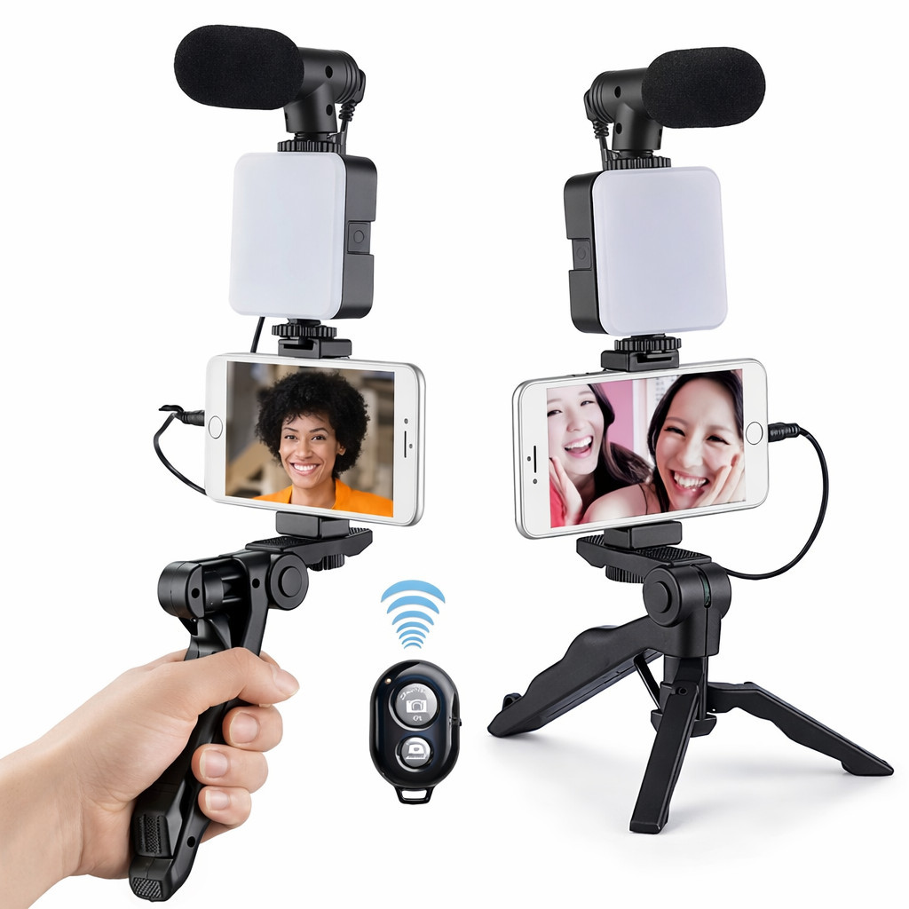 Tripé Celular Portátil com Luz LED Bastão Selfie Controle Remoto Foto Vídeo