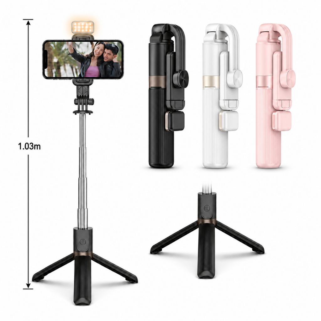 Bastão Pau de Selfie Tripé Retrátil Com Luz LED Bluetooth Extensível com Controle Remoto Sem Fio