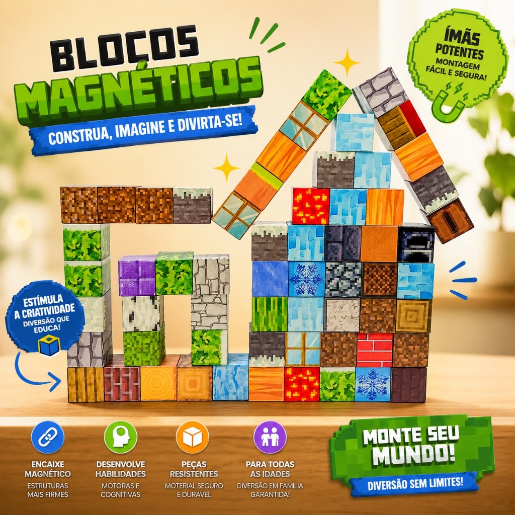 Kit Blocos Magnéticos De Construção 64 Peças Brinquedo Educativo Montagem Infantil 3 Anos+