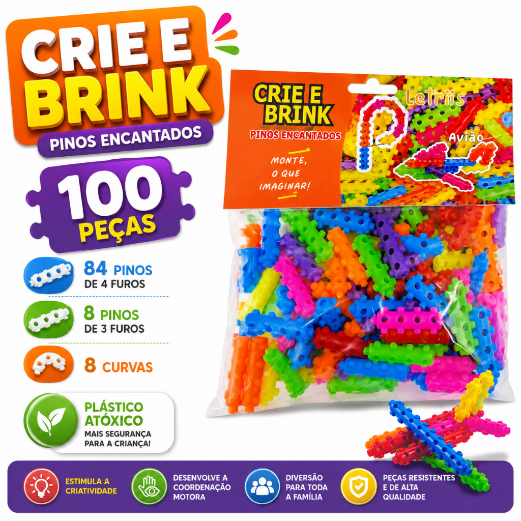 Peças de montar infantil 100 peças Pinos Encantados Pecinhas de Montar infantil brinquedo de montar